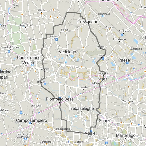 Miniatua del mapa de inspiración ciclista "Ruta de ciclismo de 68 km en carretera desde Noale" en Veneto, Italy. Generado por Tarmacs.app planificador de rutas ciclistas