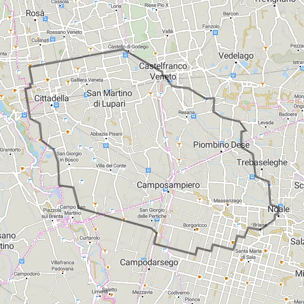 Miniatura della mappa di ispirazione al ciclismo "Giro in bicicletta intorno a Noale" nella regione di Veneto, Italy. Generata da Tarmacs.app, pianificatore di rotte ciclistiche