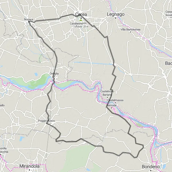 Miniatura della mappa di ispirazione al ciclismo "Ciclismo tra Cerea e Ostiglia attraverso Nogara" nella regione di Veneto, Italy. Generata da Tarmacs.app, pianificatore di rotte ciclistiche