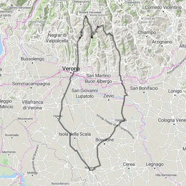 Miniatura della mappa di ispirazione al ciclismo "Avventura in mountain bike da Nogara a Bovolone" nella regione di Veneto, Italy. Generata da Tarmacs.app, pianificatore di rotte ciclistiche