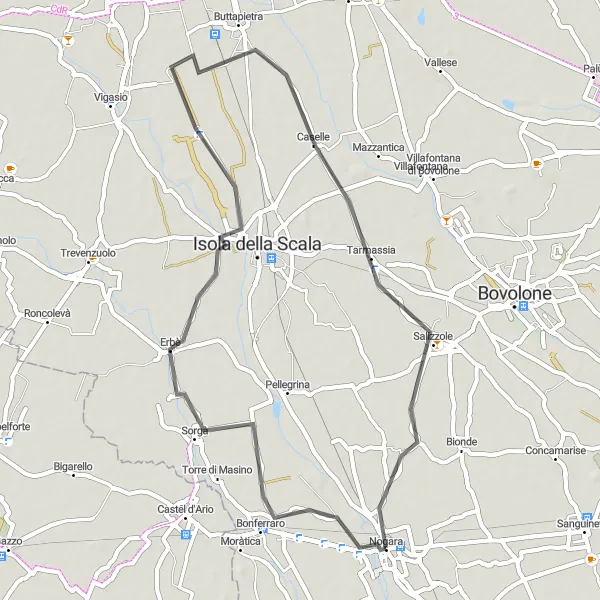 Miniatura della mappa di ispirazione al ciclismo "Giro in bicicletta da Nogara a Sorgà e Buttapietra" nella regione di Veneto, Italy. Generata da Tarmacs.app, pianificatore di rotte ciclistiche