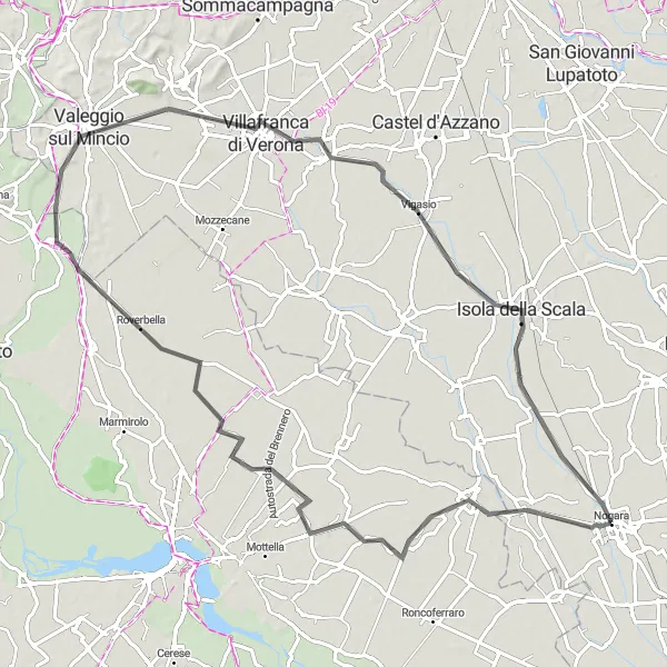 Map miniature of "Scenic Delights of Nogara" cycling inspiration in Veneto, Italy. Generated by Tarmacs.app cycling route planner