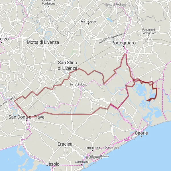 Map miniature of "Noventa di Piave to San Donà di Piave Gravel Cycling Route" cycling inspiration in Veneto, Italy. Generated by Tarmacs.app cycling route planner