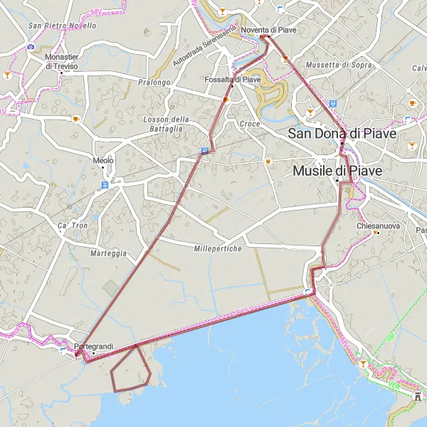 Miniatura della mappa di ispirazione al ciclismo "Percorso in bicicletta attraverso Musile di Piave e Portegrandi" nella regione di Veneto, Italy. Generata da Tarmacs.app, pianificatore di rotte ciclistiche