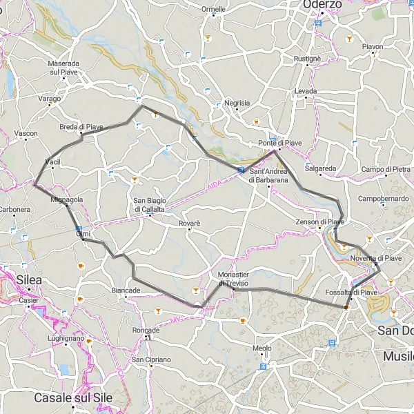 Map miniature of "Fossalta di Piave to Sabbionera Cycling Route" cycling inspiration in Veneto, Italy. Generated by Tarmacs.app cycling route planner