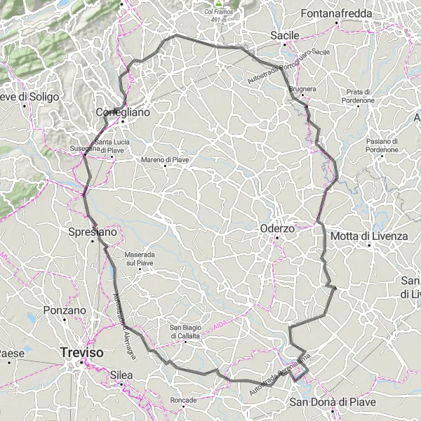 Map miniature of "Monastier di Treviso to Campo di Pietra Cycling Route" cycling inspiration in Veneto, Italy. Generated by Tarmacs.app cycling route planner