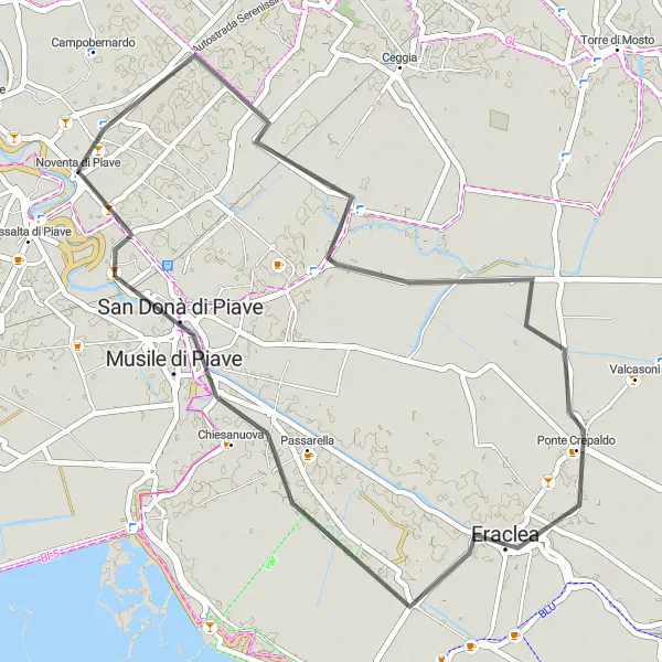 Map miniature of "Noventa di Piave and Surrounding Villages" cycling inspiration in Veneto, Italy. Generated by Tarmacs.app cycling route planner