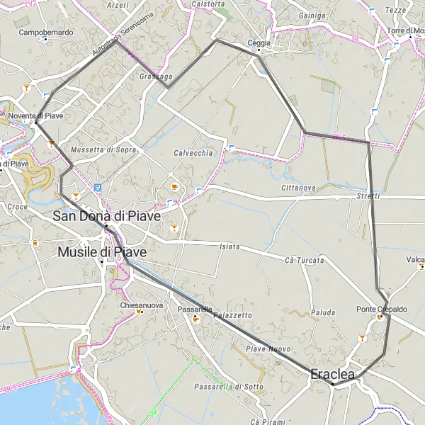 Map miniature of "Countryside Serenity: Ceggia to San Donà di Piave" cycling inspiration in Veneto, Italy. Generated by Tarmacs.app cycling route planner