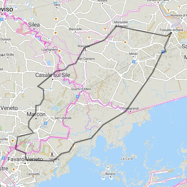 Miniatura della mappa di ispirazione al ciclismo "Giro del Veneto: Da Noventa di Piave a Monastier di Treviso" nella regione di Veneto, Italy. Generata da Tarmacs.app, pianificatore di rotte ciclistiche