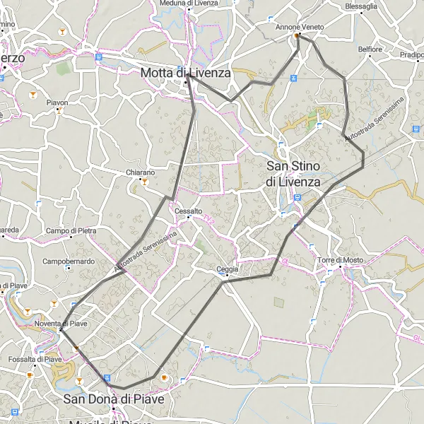 Map miniature of "Historical Highlights: Noventa di Piave to San Donà di Piave" cycling inspiration in Veneto, Italy. Generated by Tarmacs.app cycling route planner