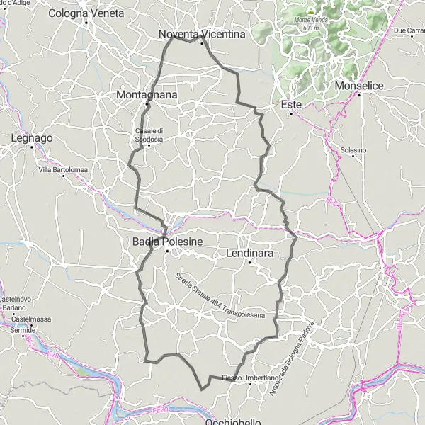 Mapa miniatúra "Dlhý okruh v okolí Noventy Vicentiny" cyklistická inšpirácia v Veneto, Italy. Vygenerované cyklistickým plánovačom trás Tarmacs.app