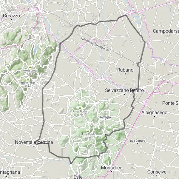 Miniatura mapy "Trasa do Noventa Vicentina przez Monte di San Pancrazio" - trasy rowerowej w Veneto, Italy. Wygenerowane przez planer tras rowerowych Tarmacs.app
