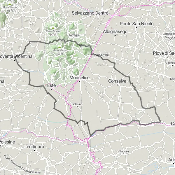 Miniatura della mappa di ispirazione al ciclismo "Giro in bici tra Noventa Vicentina e Monte Miègo" nella regione di Veneto, Italy. Generata da Tarmacs.app, pianificatore di rotte ciclistiche