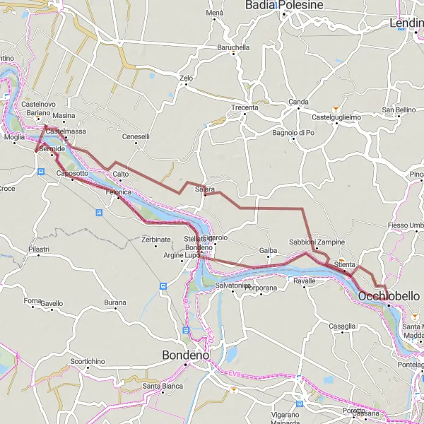 Zemljevid v pomanjšavi "Gravel Poti okoli Occhiobella" kolesarske inspiracije v Veneto, Italy. Generirano z načrtovalcem kolesarskih poti Tarmacs.app