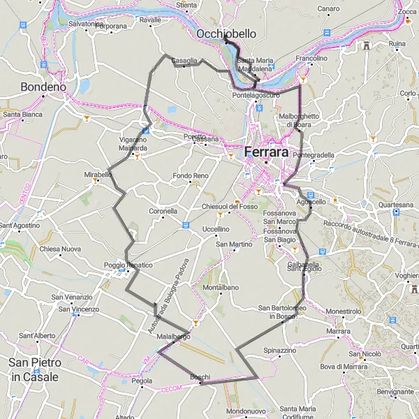Kartminiatyr av "Opplev Malalbergo og Vigarano Mainarda på sykkel" sykkelinspirasjon i Veneto, Italy. Generert av Tarmacs.app sykkelrutoplanlegger