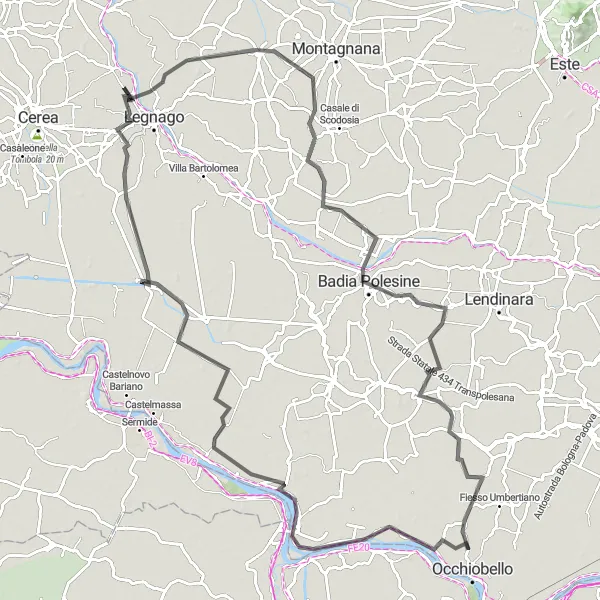 Kartminiatyr av "Occhiobello til Gurzone veien" sykkelinspirasjon i Veneto, Italy. Generert av Tarmacs.app sykkelrutoplanlegger