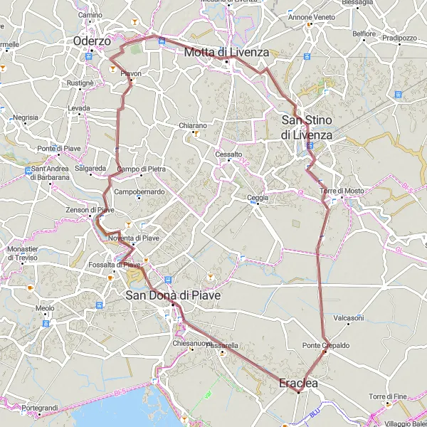 Miniatua del mapa de inspiración ciclista "Recorrido de Grava a Noventa di Piave" en Veneto, Italy. Generado por Tarmacs.app planificador de rutas ciclistas