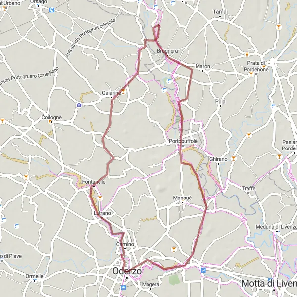 Miniature de la carte de l'inspiration cycliste "Boucle Gravel de Oderzo à Gaiarine" dans la Veneto, Italy. Générée par le planificateur d'itinéraire cycliste Tarmacs.app