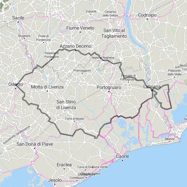 Map miniature of "Azzano Decimo to Piavon Scenic Route" cycling inspiration in Veneto, Italy. Generated by Tarmacs.app cycling route planner