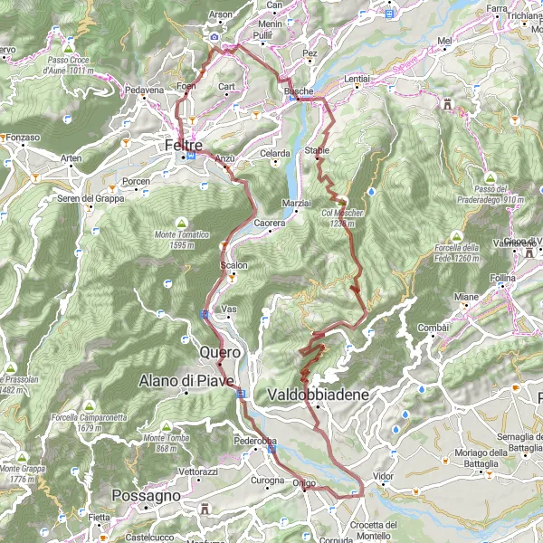 Miniaturní mapa "Zážitkový výlet na kole kolem Onigo" inspirace pro cyklisty v oblasti Veneto, Italy. Vytvořeno pomocí plánovače tras Tarmacs.app