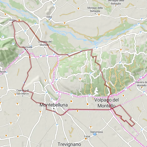 Miniatua del mapa de inspiración ciclista "Ruta de gravilla escénica cerca de Onigo" en Veneto, Italy. Generado por Tarmacs.app planificador de rutas ciclistas