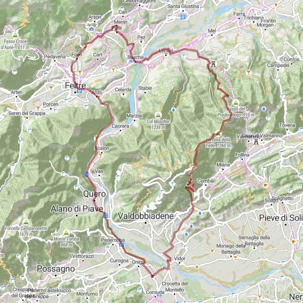 Miniaturní mapa "Gravel - Monte Castelìr Loop" inspirace pro cyklisty v oblasti Veneto, Italy. Vytvořeno pomocí plánovače tras Tarmacs.app