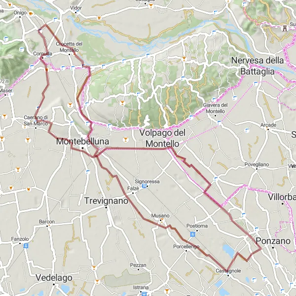 Miniatura della mappa di ispirazione al ciclismo "Giro Gravel Onigo - Cornuda - Musano" nella regione di Veneto, Italy. Generata da Tarmacs.app, pianificatore di rotte ciclistiche
