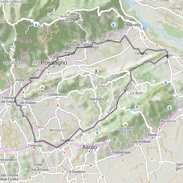 Miniaturní mapa "Odpočinková jízda na kole kolem Onigo" inspirace pro cyklisty v oblasti Veneto, Italy. Vytvořeno pomocí plánovače tras Tarmacs.app