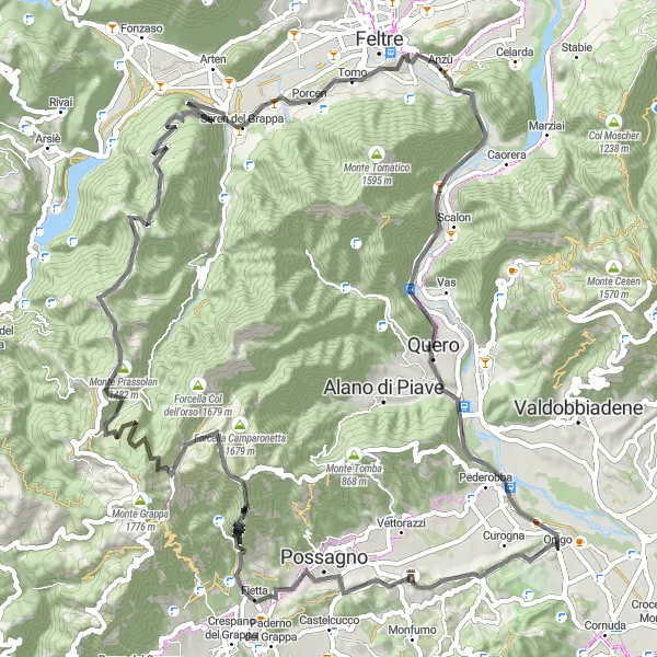 Miniaturní mapa "Náročná výzva kolem Onigo" inspirace pro cyklisty v oblasti Veneto, Italy. Vytvořeno pomocí plánovače tras Tarmacs.app