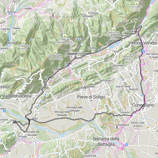 Mapa miniatúra "Okruh na cestných bicykloch s výstupom 876 m a vzdialenosťou 85 km" cyklistická inšpirácia v Veneto, Italy. Vygenerované cyklistickým plánovačom trás Tarmacs.app