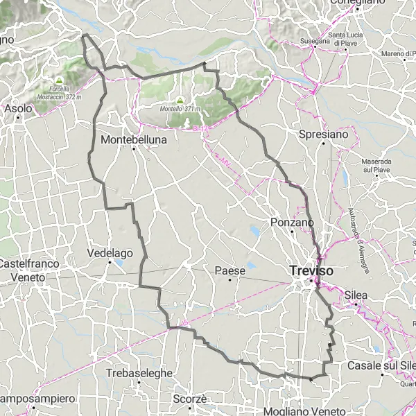 Miniatura della mappa di ispirazione al ciclismo "Giro Road Onigo - Crocetta del Montello - Caerano di San Marco" nella regione di Veneto, Italy. Generata da Tarmacs.app, pianificatore di rotte ciclistiche