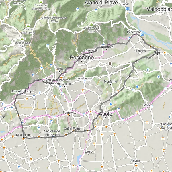Karttaminiaatyyri "Reitti Onigon lähellä: Col Minier - Borso del Grappa - Pederobba" pyöräilyinspiraatiosta alueella Veneto, Italy. Luotu Tarmacs.app pyöräilyreittisuunnittelijalla