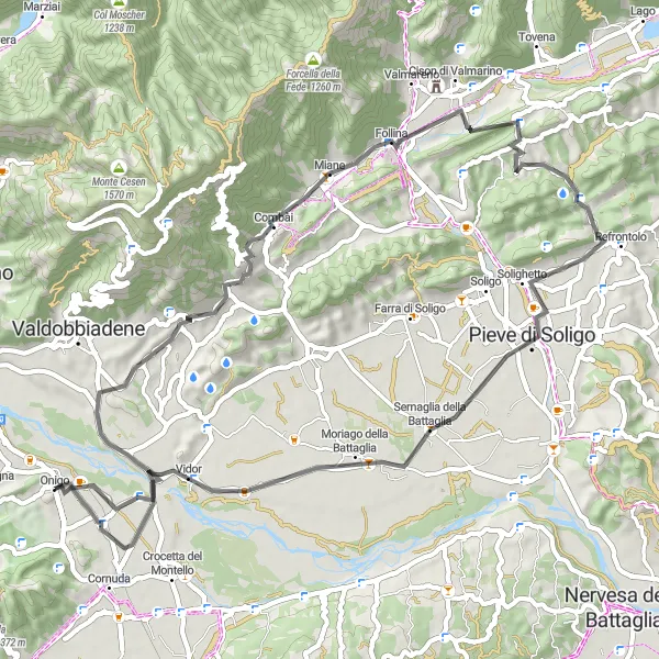 Miniatura della mappa di ispirazione al ciclismo "Giro in bici su strada da Onigo a Vidor" nella regione di Veneto, Italy. Generata da Tarmacs.app, pianificatore di rotte ciclistiche