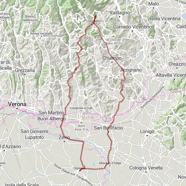 Miniaturní mapa "Gravelová trasa kolem Oppeana" inspirace pro cyklisty v oblasti Veneto, Italy. Vytvořeno pomocí plánovače tras Tarmacs.app