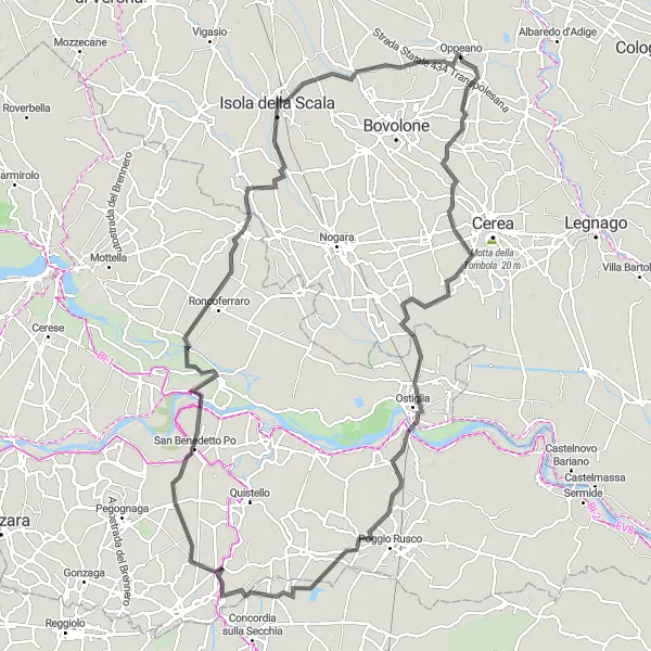 Miniatuurkaart van de fietsinspiratie "Fietsroute naar Ostiglia en terug vanuit Oppeano" in Veneto, Italy. Gemaakt door de Tarmacs.app fietsrouteplanner