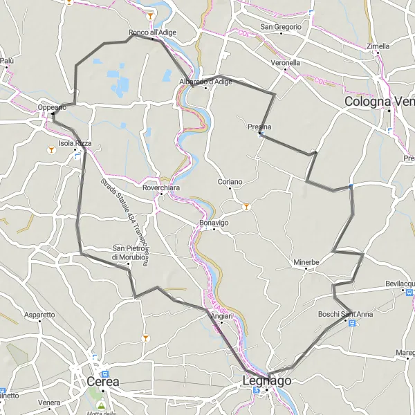 Map miniature of "Around Oppeano: Albaredo d'Adige, Presina, San Pietro di Morubio, and Isola Rizza" cycling inspiration in Veneto, Italy. Generated by Tarmacs.app cycling route planner