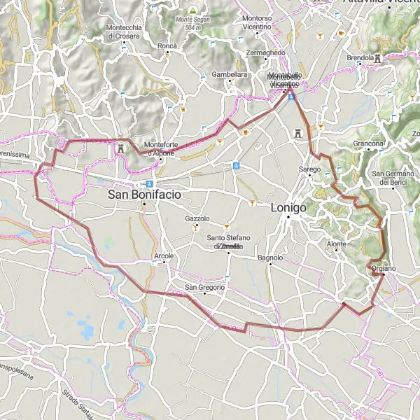 Zemljevid v pomanjšavi "Pustolovska makadamska kolesarska pot z visokim vzponom" kolesarske inspiracije v Veneto, Italy. Generirano z načrtovalcem kolesarskih poti Tarmacs.app