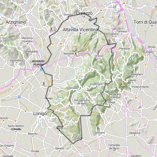 Mapa miniatúra "Okruh Monte della Nebbia" cyklistická inšpirácia v Veneto, Italy. Vygenerované cyklistickým plánovačom trás Tarmacs.app