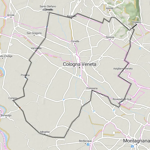 Kartminiatyr av "Orgiano til Monte delle Piume (kort rute)" sykkelinspirasjon i Veneto, Italy. Generert av Tarmacs.app sykkelrutoplanlegger