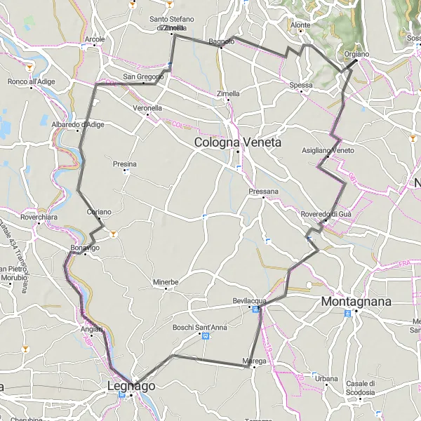 Zemljevid v pomanjšavi "Cestna kolesarska pot okoli Orgiana" kolesarske inspiracije v Veneto, Italy. Generirano z načrtovalcem kolesarskih poti Tarmacs.app