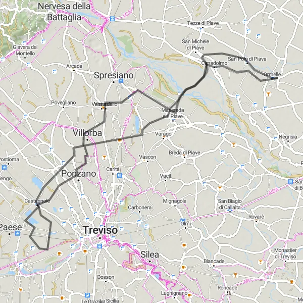 Map miniature of "Cimadolmo to Ormelle Loop" cycling inspiration in Veneto, Italy. Generated by Tarmacs.app cycling route planner