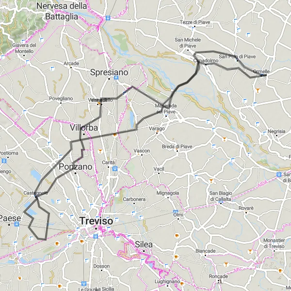 Miniatura della mappa di ispirazione al ciclismo "Pedalata panoramica tra Ponzano e Ormelle" nella regione di Veneto, Italy. Generata da Tarmacs.app, pianificatore di rotte ciclistiche