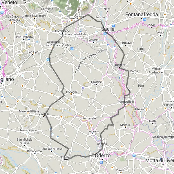 Mapa miniatúra "Cyklotrasa cez Vazzola a Oderzo" cyklistická inšpirácia v Veneto, Italy. Vygenerované cyklistickým plánovačom trás Tarmacs.app