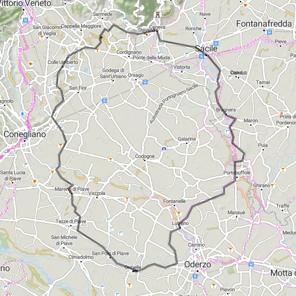 Miniatua del mapa de inspiración ciclista "Ruta de ciclismo de carretera de Ormelle a Portobuffolé" en Veneto, Italy. Generado por Tarmacs.app planificador de rutas ciclistas