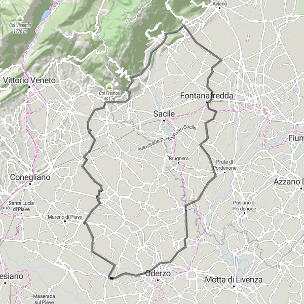 Karttaminiaatyyri "Ormelle - Vazzola - Castelir - Fontanafredda - Portobuffolé - Oderzo" pyöräilyinspiraatiosta alueella Veneto, Italy. Luotu Tarmacs.app pyöräilyreittisuunnittelijalla