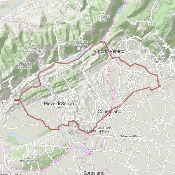 Mapa miniatúra "Gravel od San Fior po Vittorio Veneto" cyklistická inšpirácia v Veneto, Italy. Vygenerované cyklistickým plánovačom trás Tarmacs.app