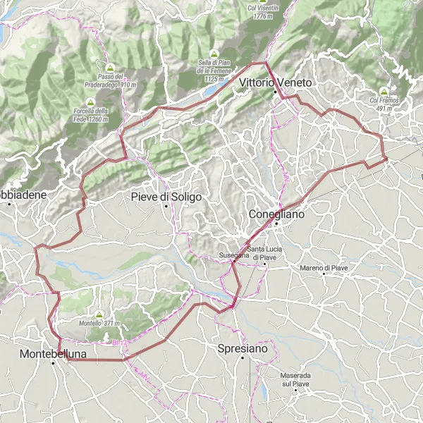Mapa miniatúra "Gravel od San Fior po Cordignano" cyklistická inšpirácia v Veneto, Italy. Vygenerované cyklistickým plánovačom trás Tarmacs.app