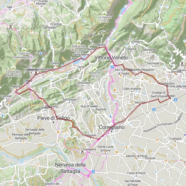 Miniatura della mappa di ispirazione al ciclismo "Giro in Gravel da Orsago a Cordignano" nella regione di Veneto, Italy. Generata da Tarmacs.app, pianificatore di rotte ciclistiche