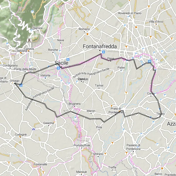 Kartminiatyr av "Oppdag Pordenone og Brugnera på sykkel" sykkelinspirasjon i Veneto, Italy. Generert av Tarmacs.app sykkelrutoplanlegger