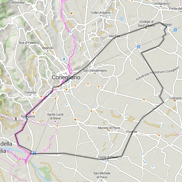Kartminiatyr av "Kullerstensvägar till Conegliano" cykelinspiration i Veneto, Italy. Genererad av Tarmacs.app cykelruttplanerare